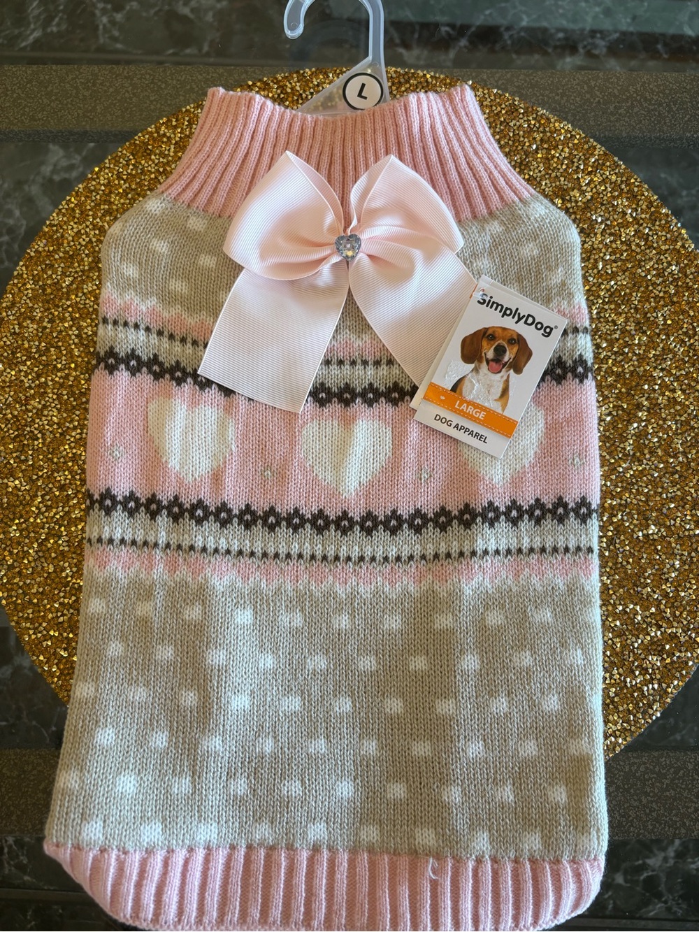 SimplyDog NWT  Heart Knit Dog Sweater with Bow/ heart jewel in pink/beige. Large